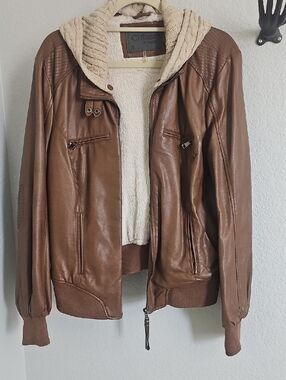 Ci Sono Brown Faux Leather Bomber Jacket with Cream Hood
